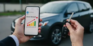 Pessoa feliz com chave de carro e celular exibindo score de crédito alto, representando aprovação de financiamento de veículo.