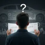 Mitos do Financiamento de Carros: Evite Armadilhas Financeiras Pessoa confusa olhando para gráficos financeiros e um carro, simbolizando os mitos do financiamento automotivo.