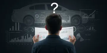 Pessoa confusa olhando para gráficos financeiros e um carro, simbolizando os mitos do financiamento automotivo.