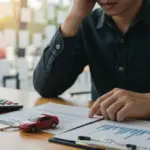 Pessoa estressada revisando documentos de financiamento de carro usado com calculadora e chave, simbolizando riscos financeiros em 2025.