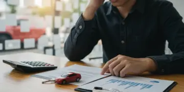 Pessoa estressada revisando documentos de financiamento de carro usado com calculadora e chave, simbolizando riscos financeiros em 2025.