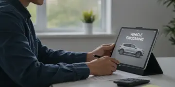 Pessoa otimista revisando documentos financeiros para aprovação de financiamento de veículos em 2025.