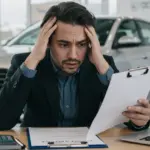 Financiamento de Carro Novo: Evite Erros Comuns e Economize em 2025 Pessoa frustrada revisando documentos de financiamento de carro em concessionária, com carro novo ao fundo, representando erros comuns e armadilhas financeiras.