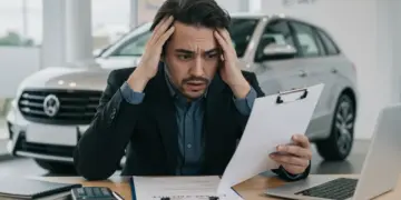 Pessoa frustrada revisando documentos de financiamento de carro em concessionária, com carro novo ao fundo, representando erros comuns e armadilhas financeiras.