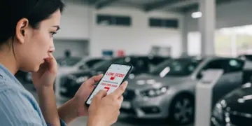 Pessoa preocupada olhando para o score de crédito baixo no celular, com concessionária de veículos ao fundo.
