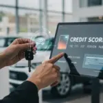 Score de crédito e financiamento de carro: aumente suas chances de aprovação Pessoa examinando o score de crédito em um smartphone, com chaves de carro e um contrato de financiamento, simbolizando o planejamento financeiro para a compra de um veículo.