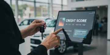 Pessoa examinando o score de crédito em um smartphone, com chaves de carro e um contrato de financiamento, simbolizando o planejamento financeiro para a compra de um veículo.
