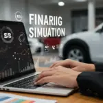 Pessoa utilizando um simulador de financiamento de carro usado em um notebook, com gráficos de economia e um carro no fundo.