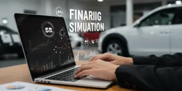 Pessoa utilizando um simulador de financiamento de carro usado em um notebook, com gráficos de economia e um carro no fundo.