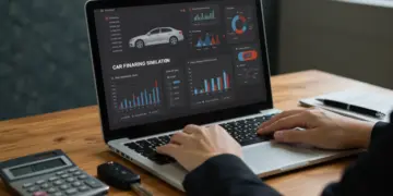 Pessoa simulando financiamento de carro novo em um notebook, comparando opções de bancos para economizar.