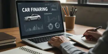 Pessoa utilizando um simulador de financiamento automotivo em um laptop, com gráficos e dados financeiros visíveis, planejando a compra de um carro para 2025.