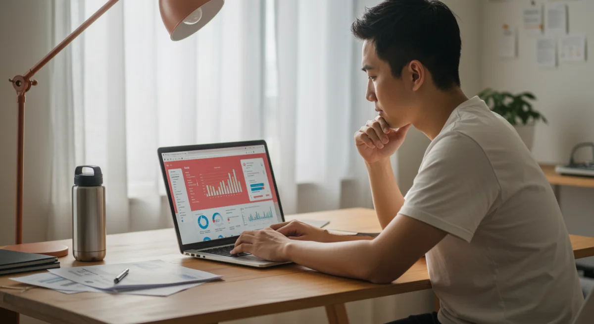 Pessoa em home office consultando aplicativo bancário no notebook, planejamento financeiro para aquisição de veículo.