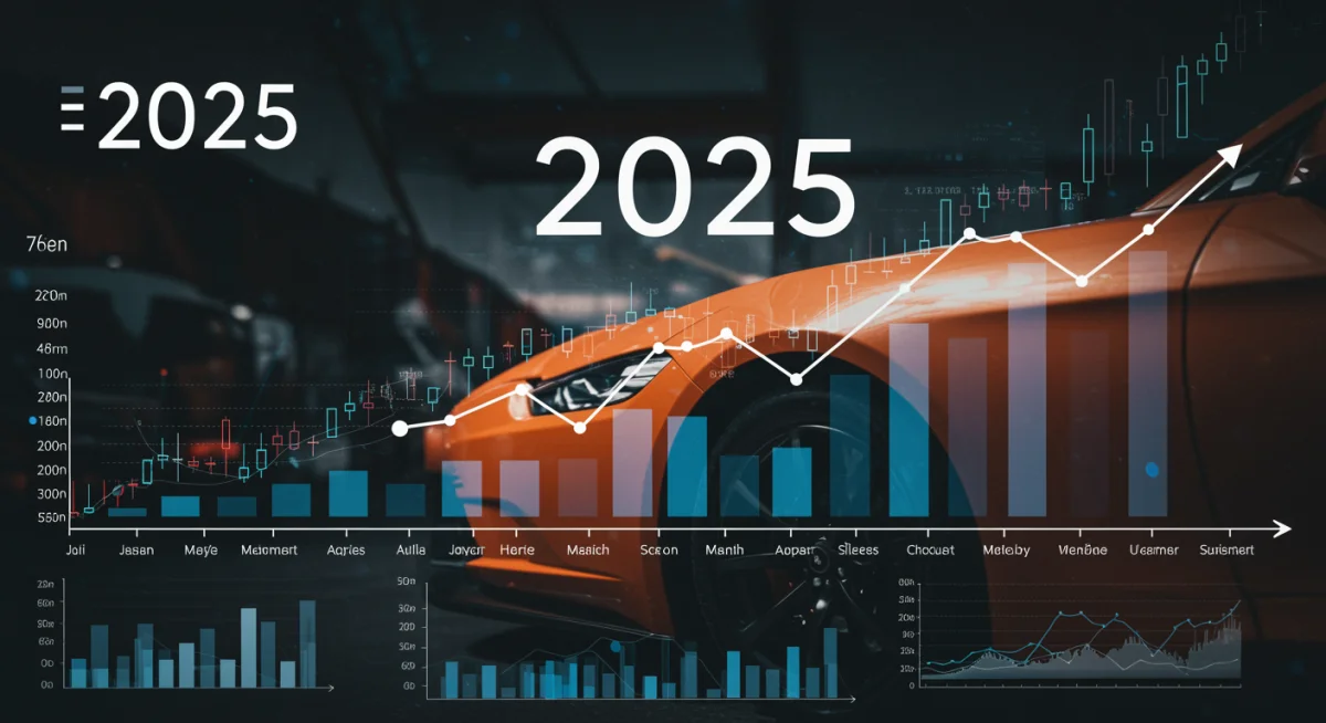 Calendário com destaque para 2025 e indicadores financeiros, representando planejamento para o futuro econômico automotivo.