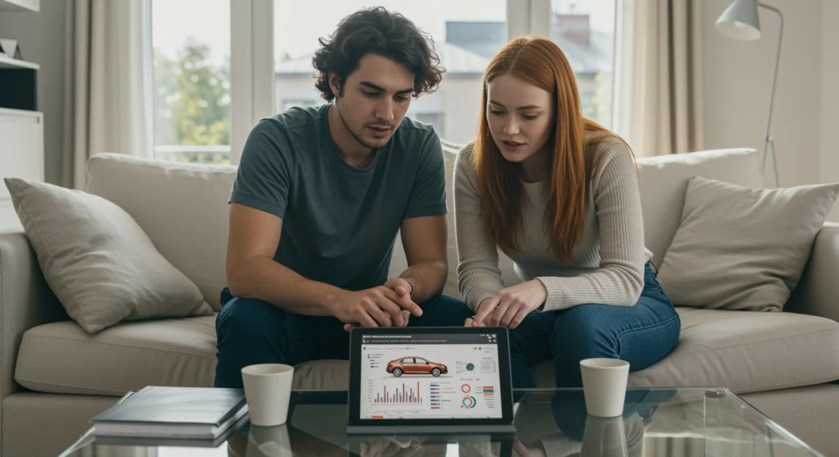 Casal discutindo orçamento e planejamento financeiro para compra de carro usado, com tablet exibindo gráficos.