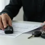 Fuja das Dívidas: Planejamento Financeiro para Parcelas do Carro Pessoa organizando documentos financeiros e chave de carro, simbolizando planejamento para evitar dívidas.