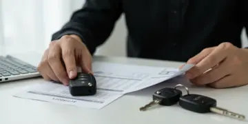 Pessoa organizando documentos financeiros e chave de carro, simbolizando planejamento para evitar dívidas.