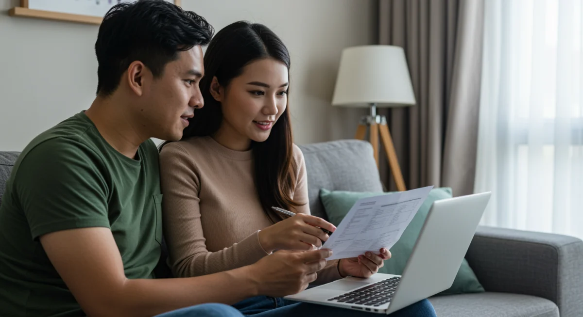 Casal jovem analisando seu planejamento financeiro em um tablet, discutindo o orçamento para transporte e mobilidade, com foco em decisões financeiras inteligentes para o futuro.