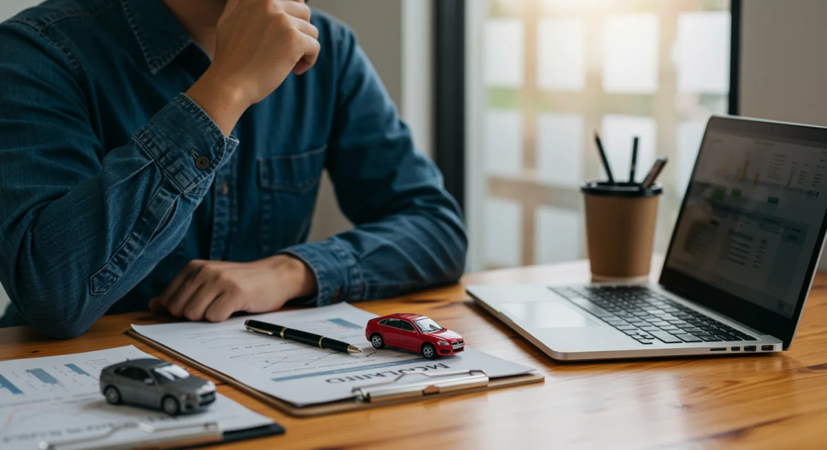 Pessoa analisando documentos e planilha financeira em um escritório doméstico, com um carro em miniatura, representando a decisão de financiamento de veículo.