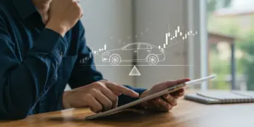 Pessoa analisando gráficos financeiros e um carro ao fundo, simbolizando o planejamento entre investimentos e compra de veículo.
