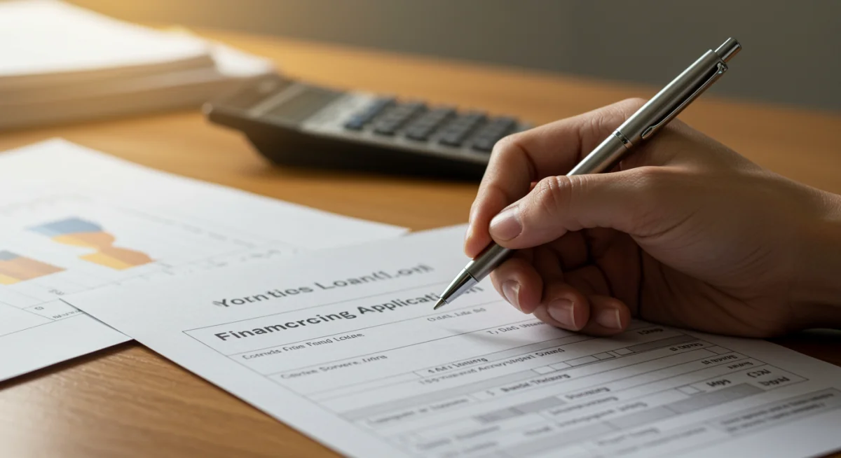Mão preenchendo formulário de financiamento, com caneta e documentos, detalhando o processo de crédito.