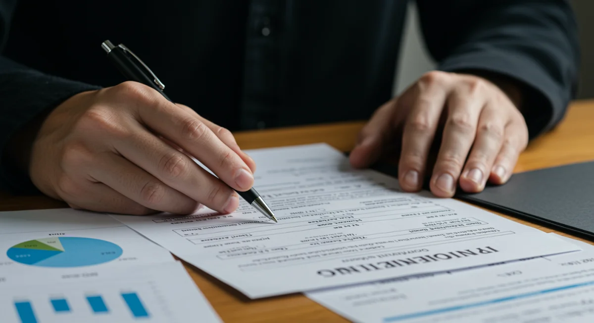 Mãos preenchendo formulário de solicitação de financiamento