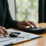 Refinanciamento de Carro Usado 2025: Guia Completo e Vantagens Pessoa analisando documentos e calculadora, com chave de carro usado, simbolizando o refinanciamento de veículo em 2025.
