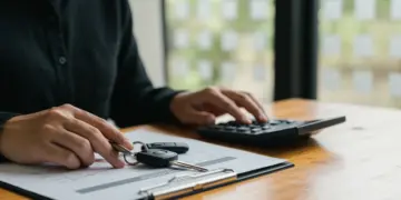 Pessoa analisando documentos e calculadora, com chave de carro usado, simbolizando o refinanciamento de veículo em 2025.