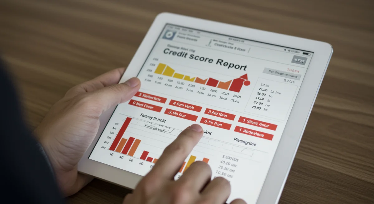 Tela de tablet exibindo relatório de score de crédito baixo com indicadores de risco financeiro.