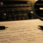 Pessoa analisando documentos de financiamento automotivo em uma mesa, com calculadora e caneta, simbolizando a renegociação de dívidas.