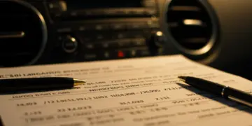 Pessoa analisando documentos de financiamento automotivo em uma mesa, com calculadora e caneta, simbolizando a renegociação de dívidas.