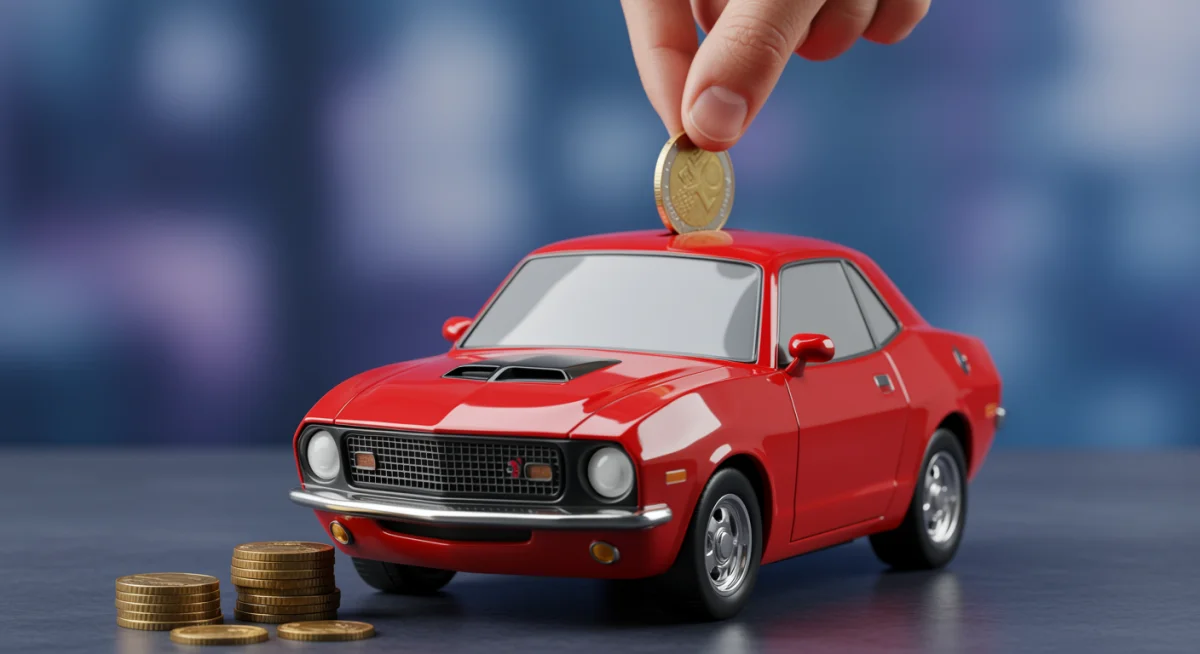 Cofrinho em formato de carro recebendo moedas, simbolizando reserva financeira para despesas automotivas.