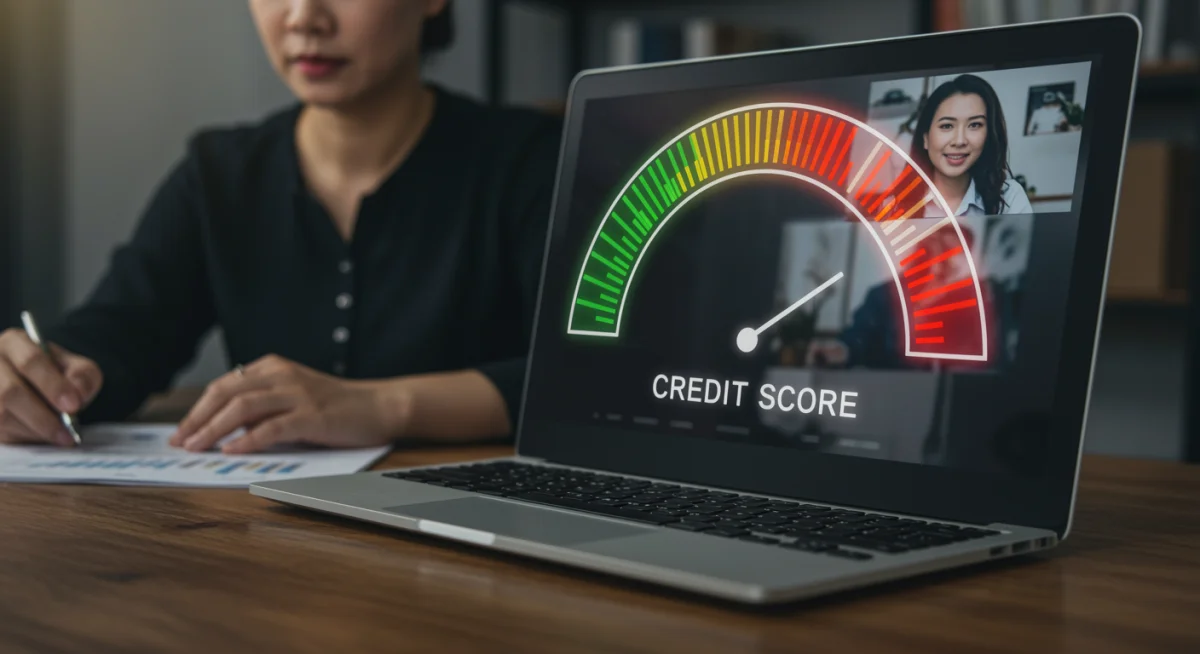 Tela de laptop exibindo um alto score de crédito, com uma pessoa em videochamada ao fundo, representando a importância da pontuação e consultoria.