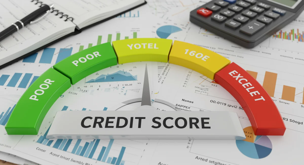 Gráfico ilustrativo de score de crédito, com documentos financeiros e calculadora, representando a avaliação de risco.