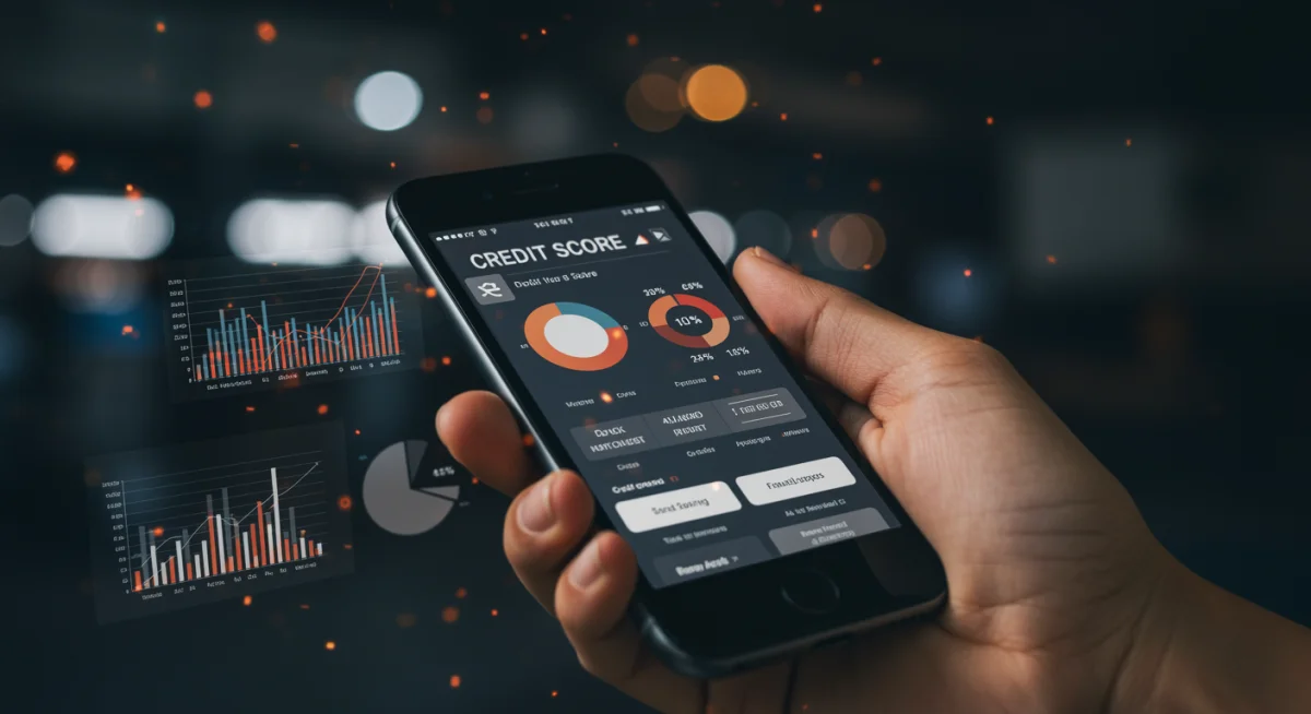 Mão segurando smartphone com aplicativo de score de crédito, mostrando a importância da saúde financeira.