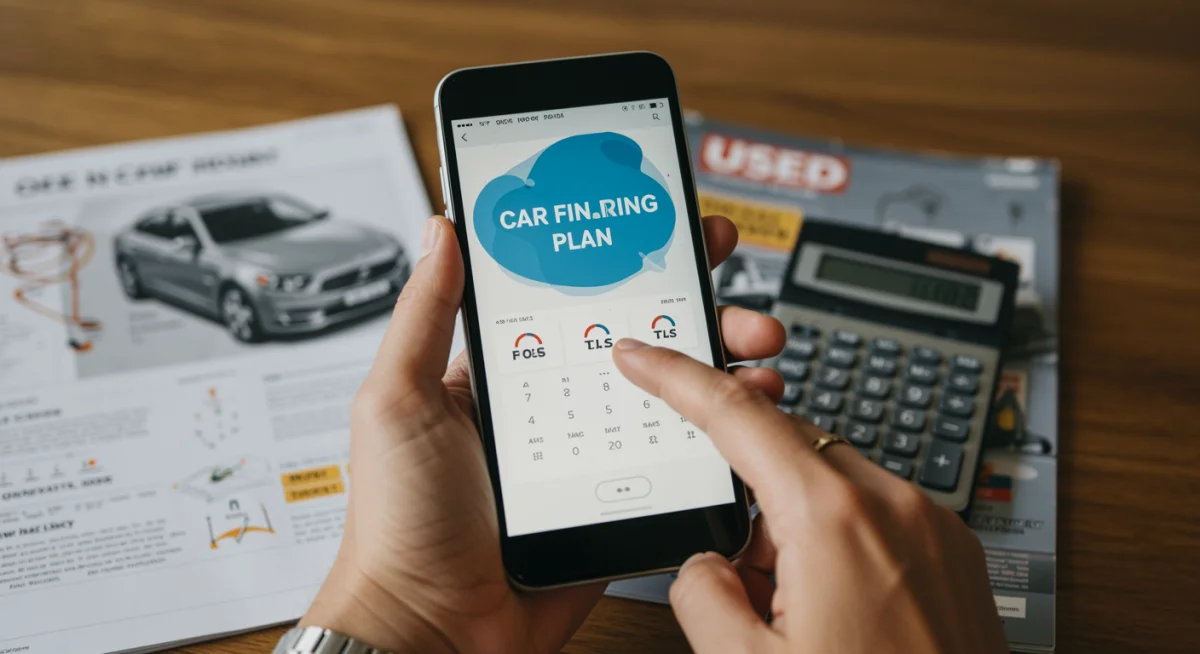 Pessoa simulando financiamento de carro usado no celular, com calculadora e brochura ao fundo.