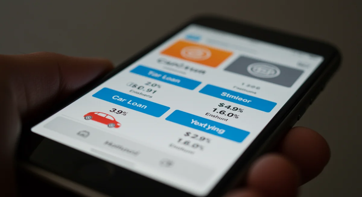 Tela de celular com aplicativo de banco exibindo simulações de financiamento de veículos.