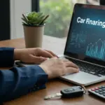 Entrada no financiamento de veículo: simule, compare e garanta aprovação! Pessoa simulando financiamento de veículo em laptop, com calculadora e chave de carro na mesa.