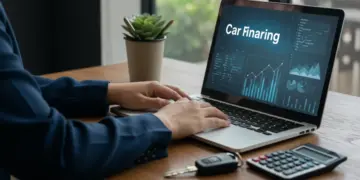 Pessoa simulando financiamento de veículo em laptop, com calculadora e chave de carro na mesa.