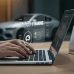 Simulador de Financiamento: Taxas Baixas para Carro 2025 Pessoa utilizando um simulador de financiamento de carro em um notebook, com gráficos de taxas e um carro moderno ao fundo, simbolizando planejamento financeiro para 2025.