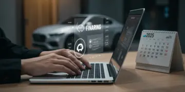 Pessoa utilizando um simulador de financiamento de carro em um notebook, com gráficos de taxas e um carro moderno ao fundo, simbolizando planejamento financeiro para 2025.
