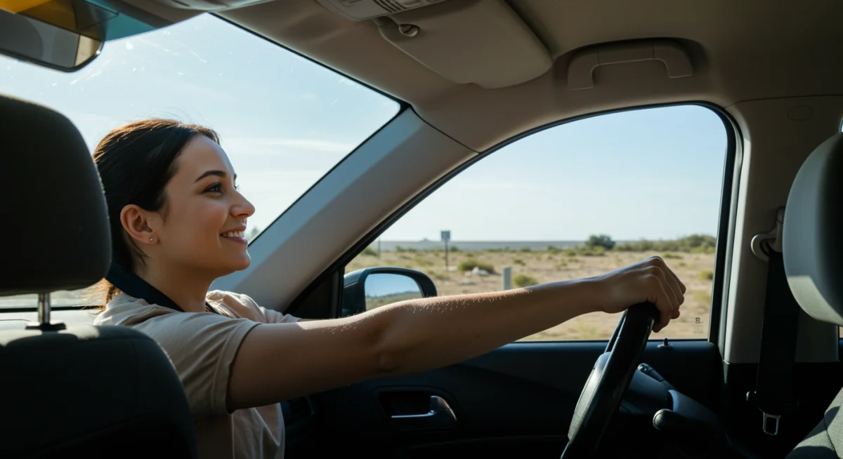 Pessoa feliz dirigindo carro novo em estrada aberta, simbolizando a realização do sonho automotivo.