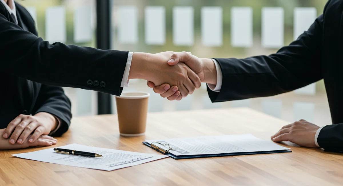 Cliente e consultor financeiro apertando as mãos sobre um contrato claro, simbolizando transparência.