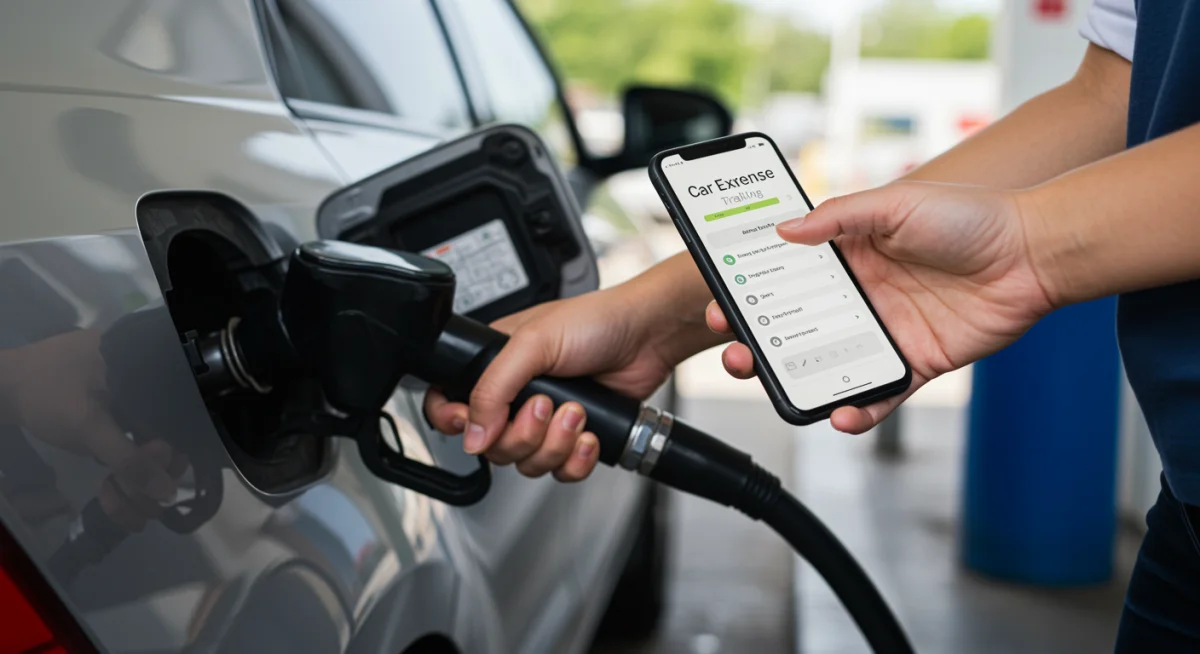 Pessoa abastecendo carro e registrando despesa de combustível em aplicativo no celular.