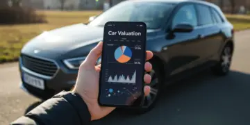 Pessoa usando aplicativo de avaliação de carro em smartphone com veículo moderno ao fundo, mostrando dados de mercado em 2026.