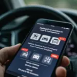 Tela de smartphone exibindo aplicativo de gestão veicular com alertas de vistoria e documentação, com o ano 2026.