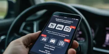 Tela de smartphone exibindo aplicativo de gestão veicular com alertas de vistoria e documentação, com o ano 2026.