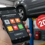 Interface de aplicativo de manutenção automotiva com opções de agendamento e desconto.