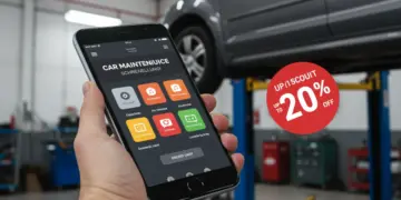Interface de aplicativo de manutenção automotiva com opções de agendamento e desconto.