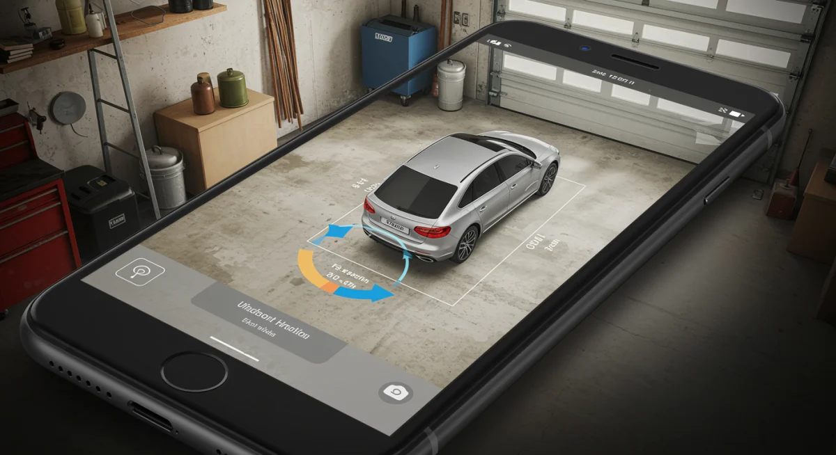 Tela de smartphone exibindo aplicativo de RA com carro virtual e ferramentas de medição em uma garagem real.