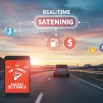 Banner com smartphones exibindo aplicativos de monitoramento de combustível e ícones de economia, com um carro em movimento ao fundo.